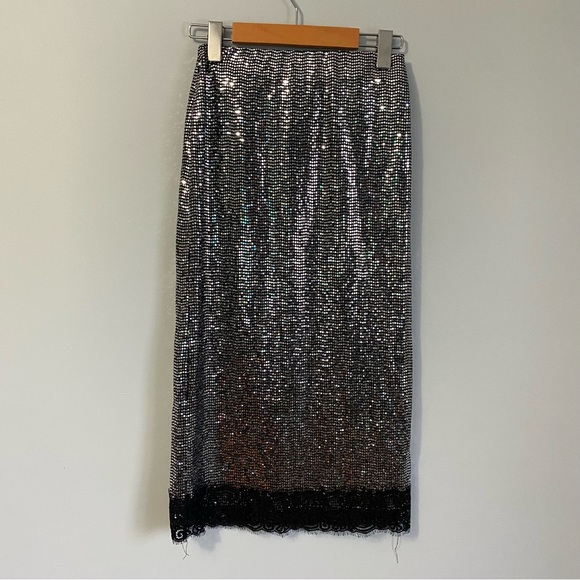 Zara Silver Mini Sequin Midi Skirt with Black Lace Trim - Picture 5 of 6